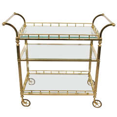 Midcentury Double Handle Three-Tier Brass Bar Cart