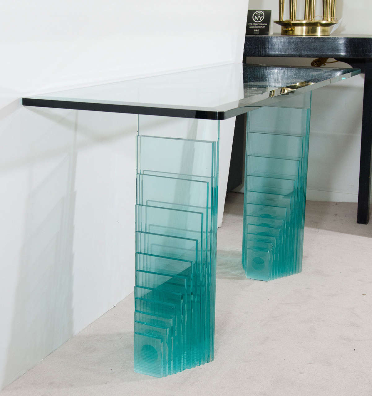 Vintage Console Table with Solid Glass Stepped Base In Good Condition In New York, NY