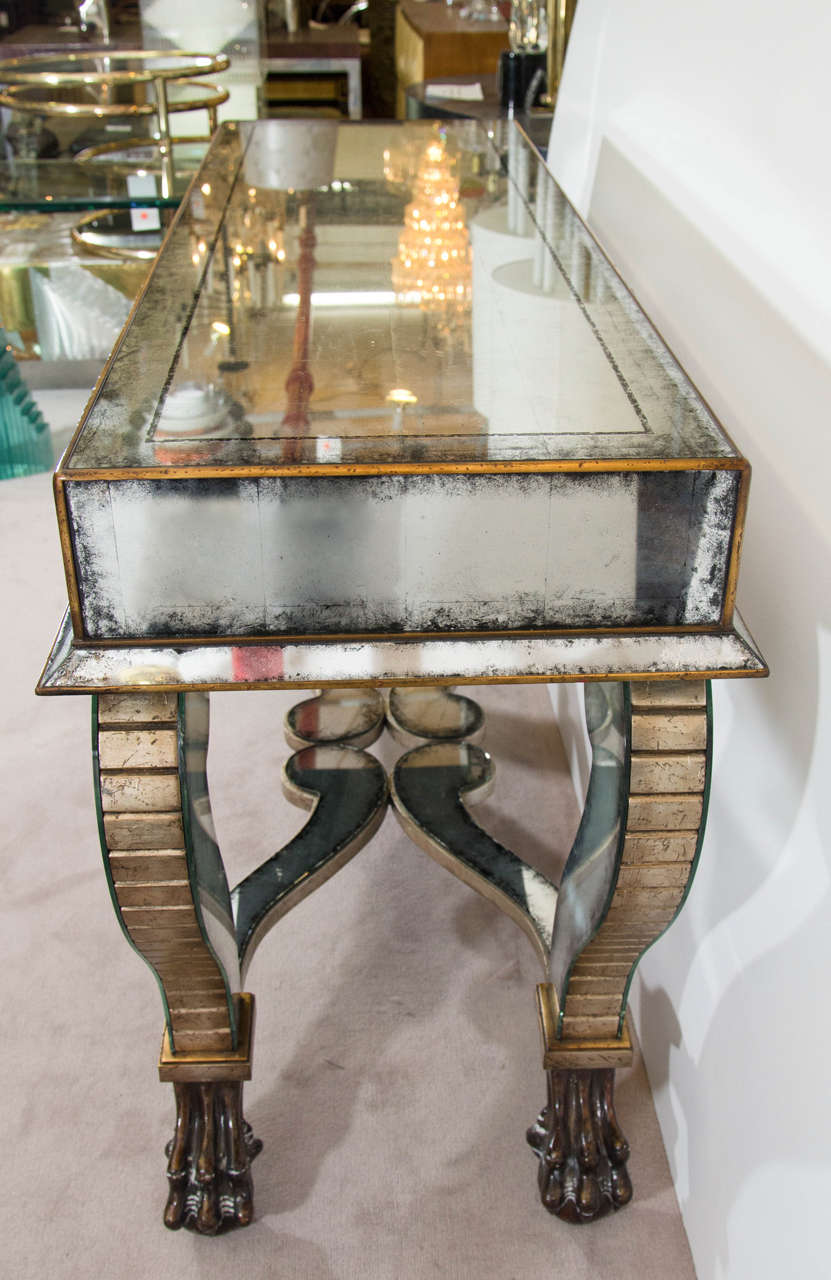 Mid-Century Modern Antiqued Mirrored Console Table with Ball and Claw Feet