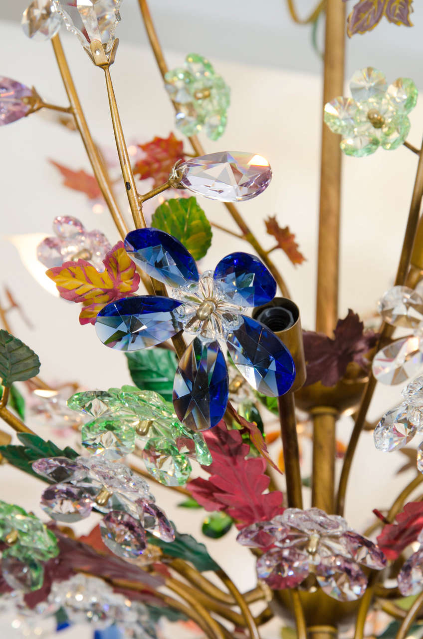 A Midcentury Murano Glass Bouquet of Flowers Chandelier with Tole Leaves In Good Condition In New York, NY