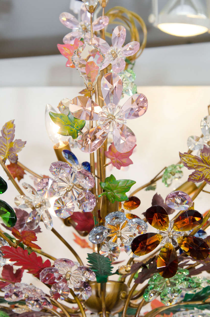 20th Century A Midcentury Murano Glass Bouquet of Flowers Chandelier with Tole Leaves