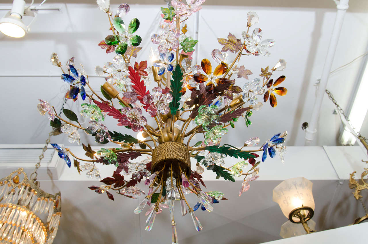 A Midcentury Murano Glass Bouquet of Flowers Chandelier with Tole Leaves 1