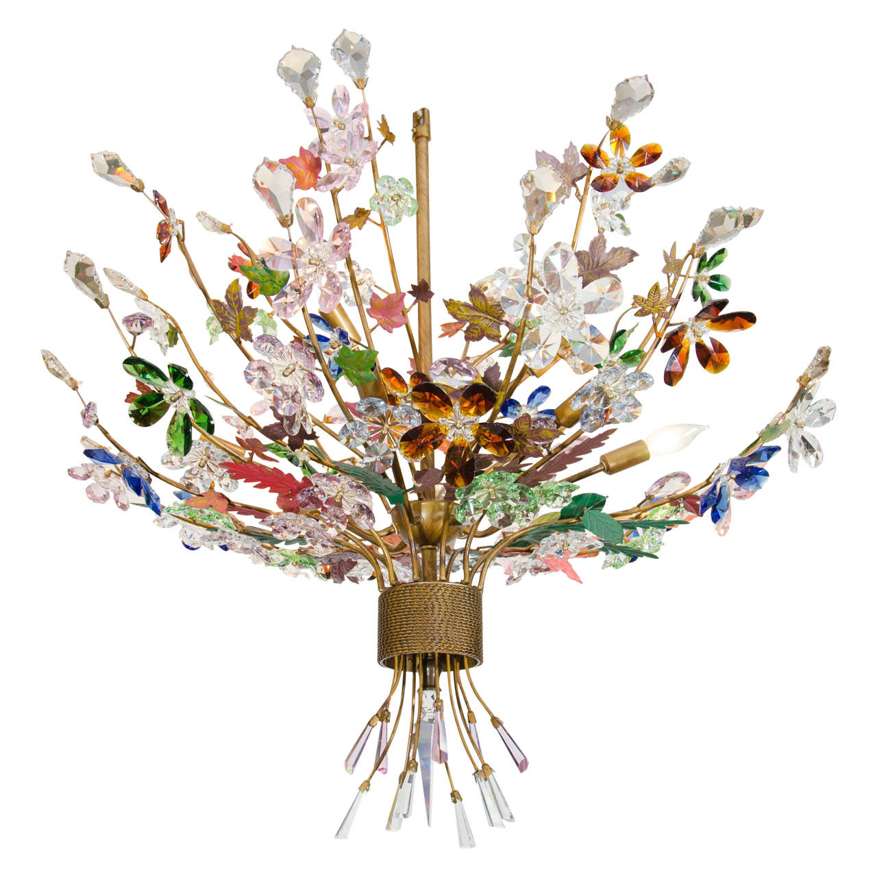 A Midcentury Murano Glass Bouquet of Flowers Chandelier with Tole Leaves