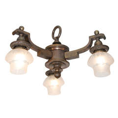 Arts and Crafts Bronze, Three-Light Fixture with Etched Glass Shades