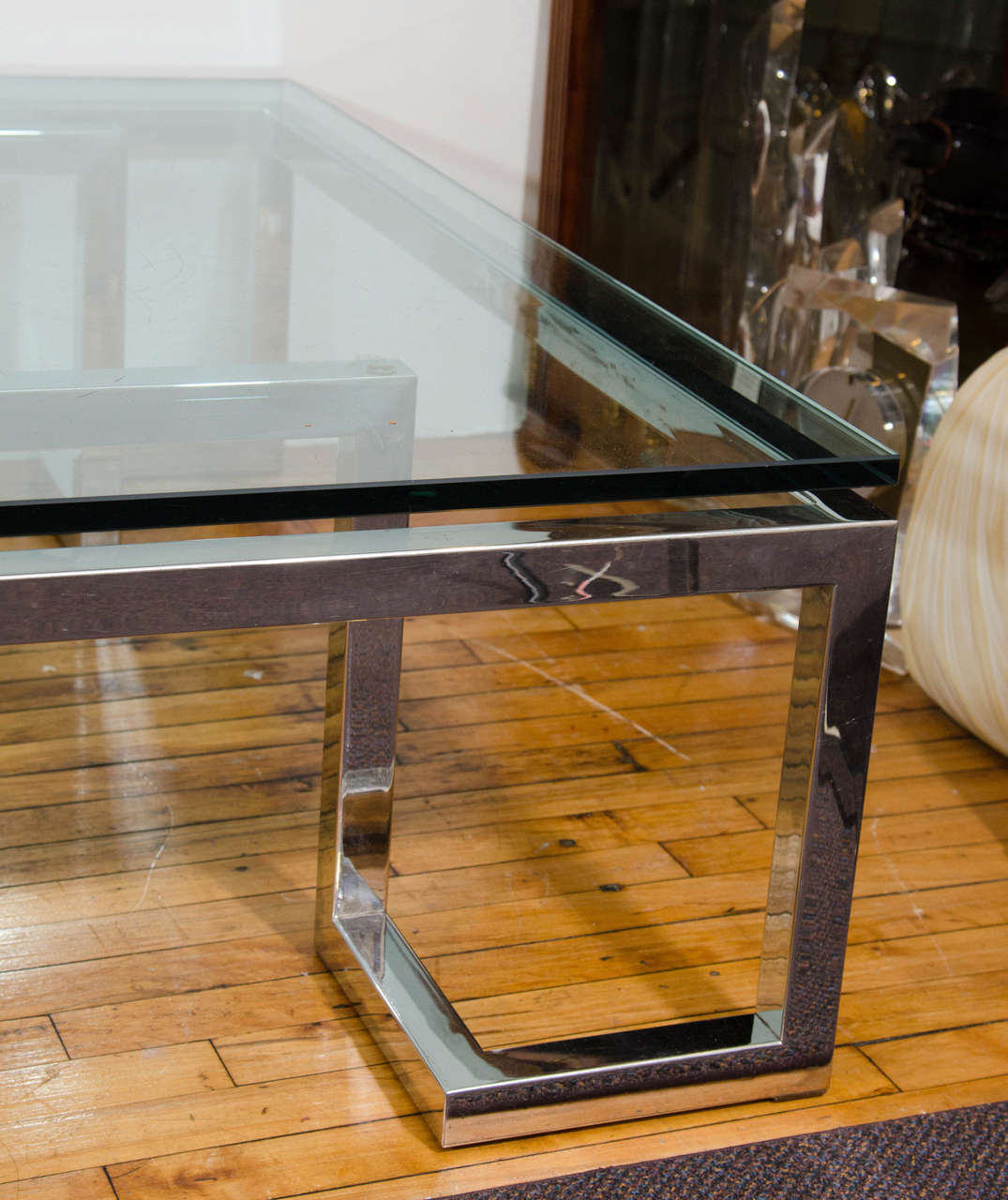 Mid-Century Modern Midcentury Glass Top Coffee or Cocktail Table with Chrome Geometric Base