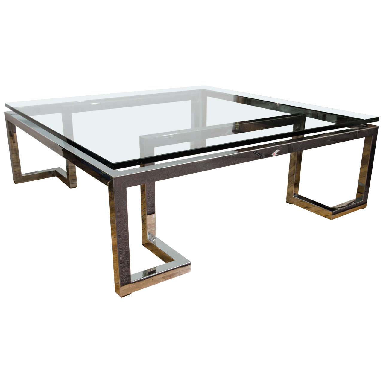Midcentury Glass Top Coffee or Cocktail Table with Chrome Geometric Base