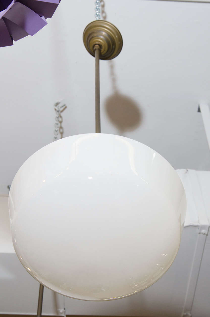 Industrial Pair of Vintage Schoolhouse Milk Glass and Brass Pendant Lights, 1940s