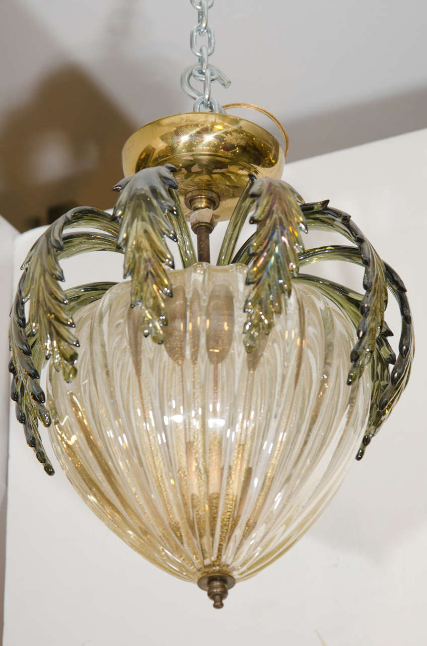 Vintage Gold Flecked Barovier & Toso Ribbed Pendant, circa 1940s In Good Condition In New York, NY