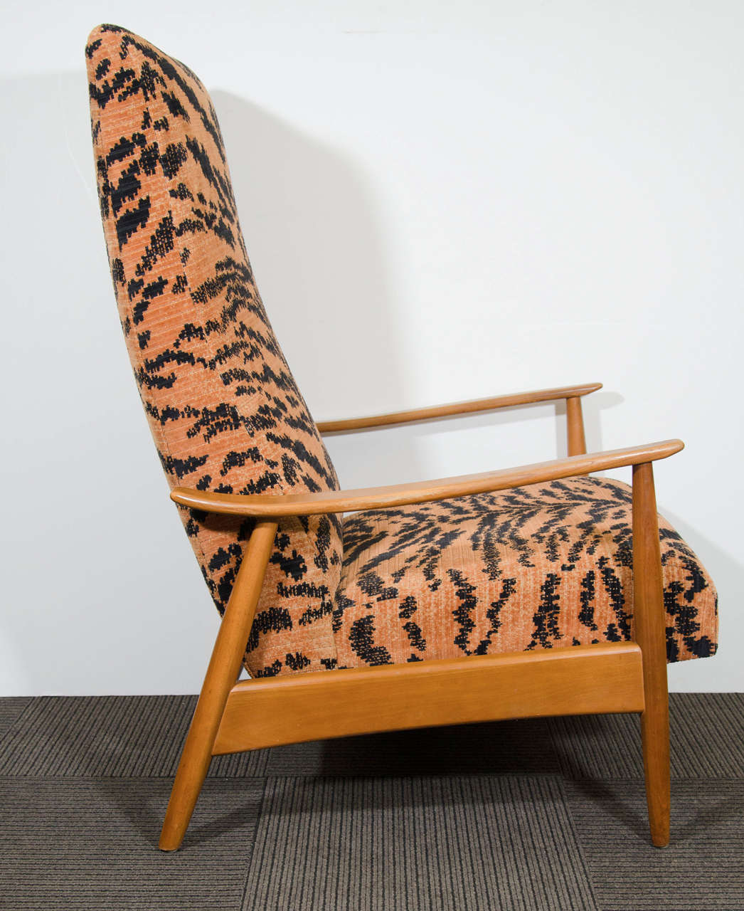 American Midcentury Teak Recliner with Tiger Velvet Upholstery by Milo Baughman
