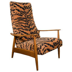 Vintage Midcentury Teak Recliner with Tiger Velvet Upholstery by Milo Baughman