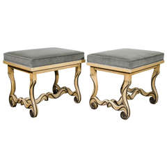 Midcentury Pair of Scroll Benches with Gray Velvet Upholstery 4