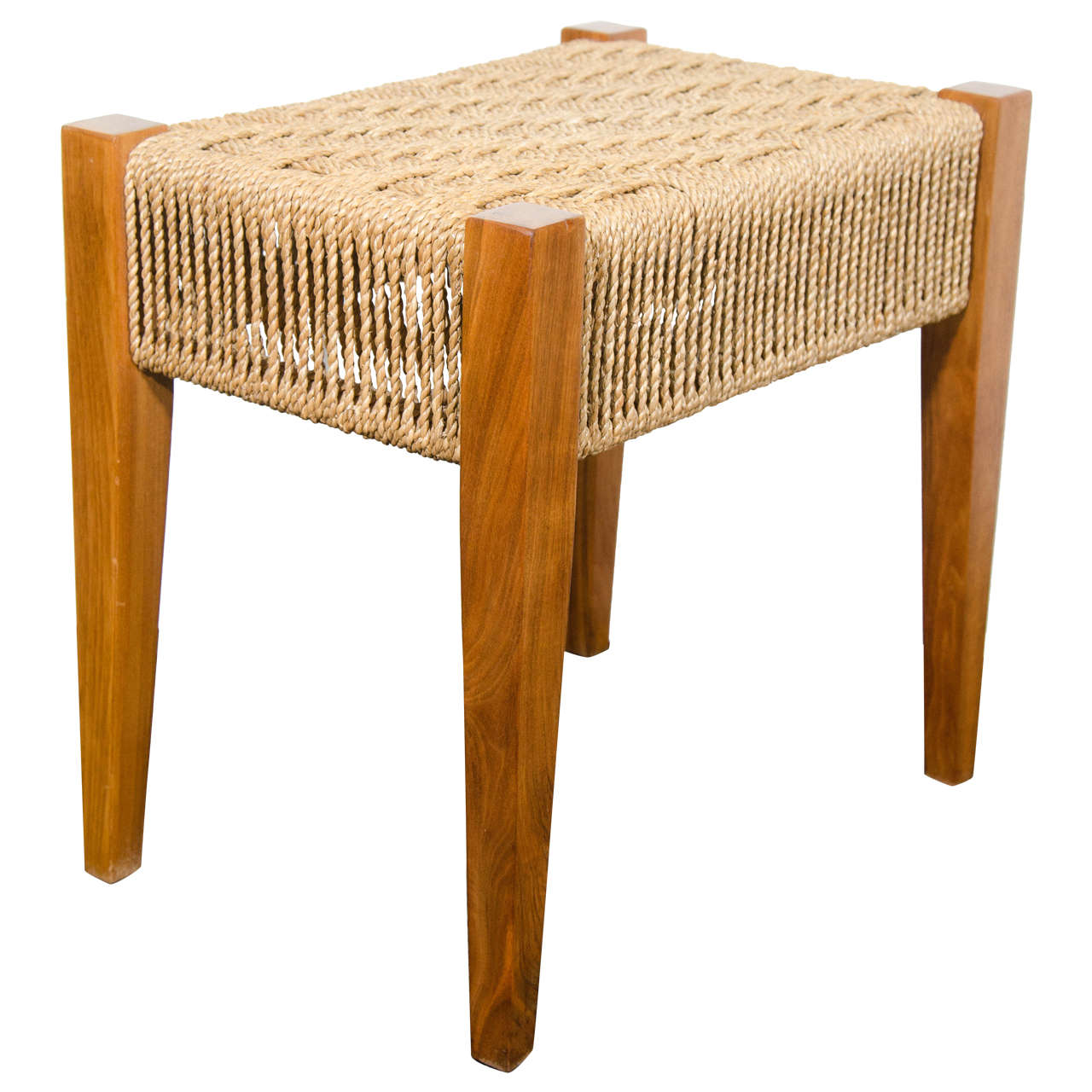 Midcentury Walnut Bench with Woven Rope Seat