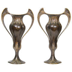 Art Nouveau Pair of French Bronze Vases by Auguste Delaherche