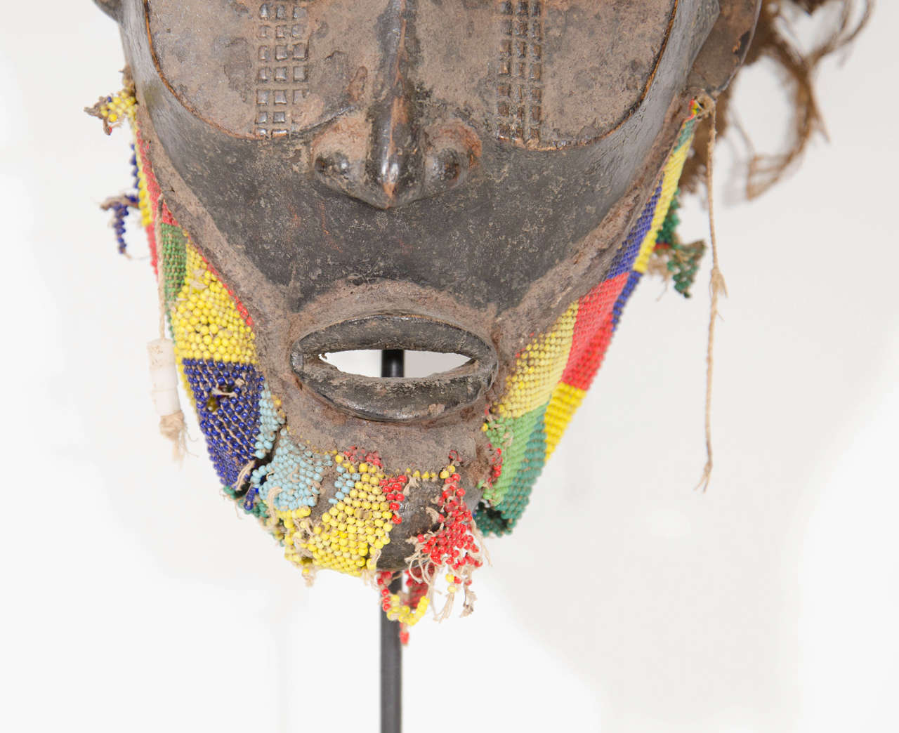 Fabric Beaded Wooden Mask in the Style of Chokwe Tribal Ritual