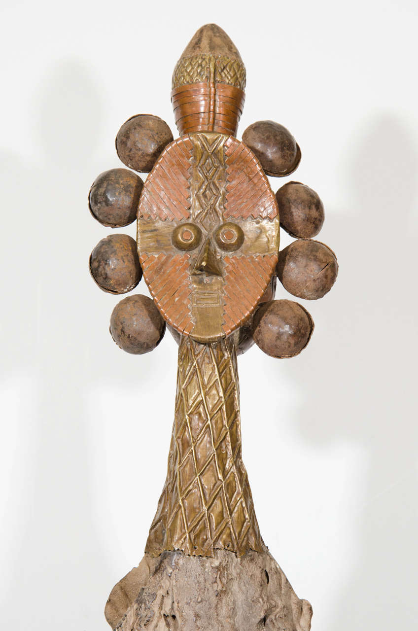 Tribal In the Style of Bakota Double-Faced Copper and Wood Reliquary Guardian Figure