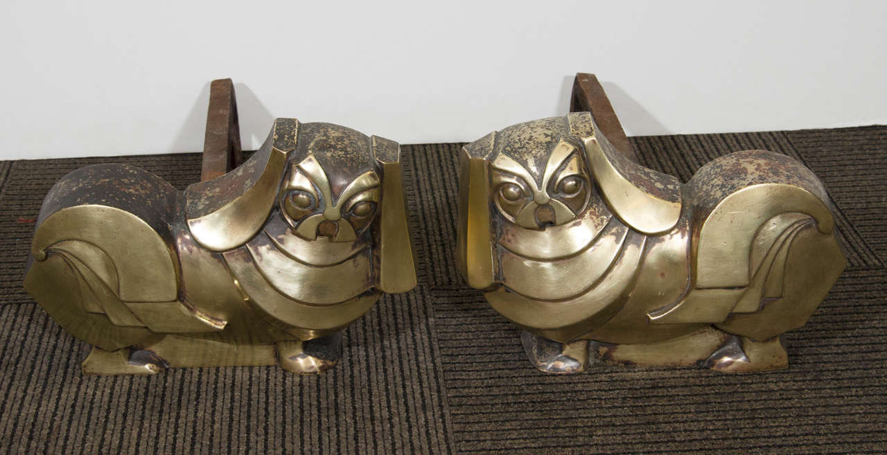 Art Deco Pair of Bronze Asian Inspired Dog Andirons