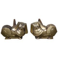 Vintage Art Deco Pair of Bronze Asian Inspired Dog Andirons