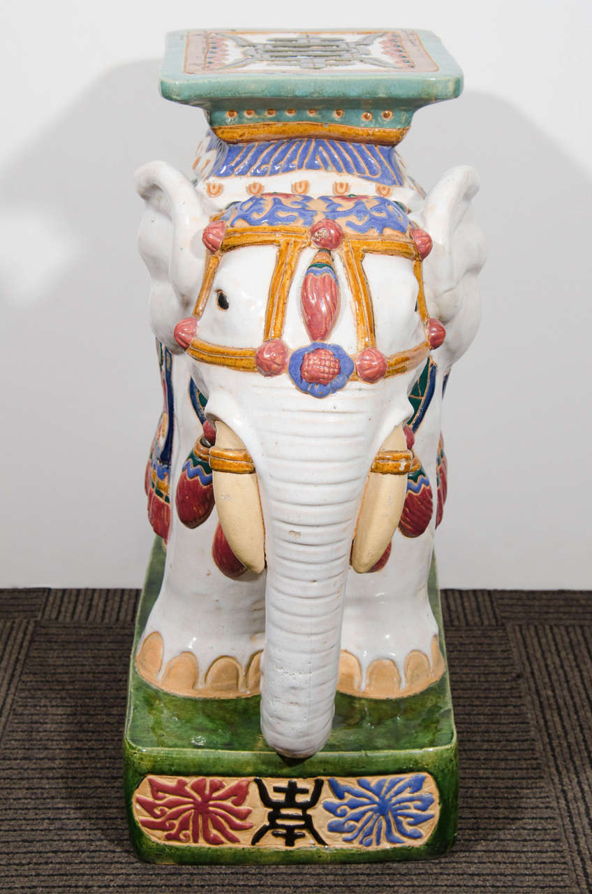 Mid-Century Modern Midcentury Pair of Colorful Asian Inspired Ceramic Elephant Garden Stools