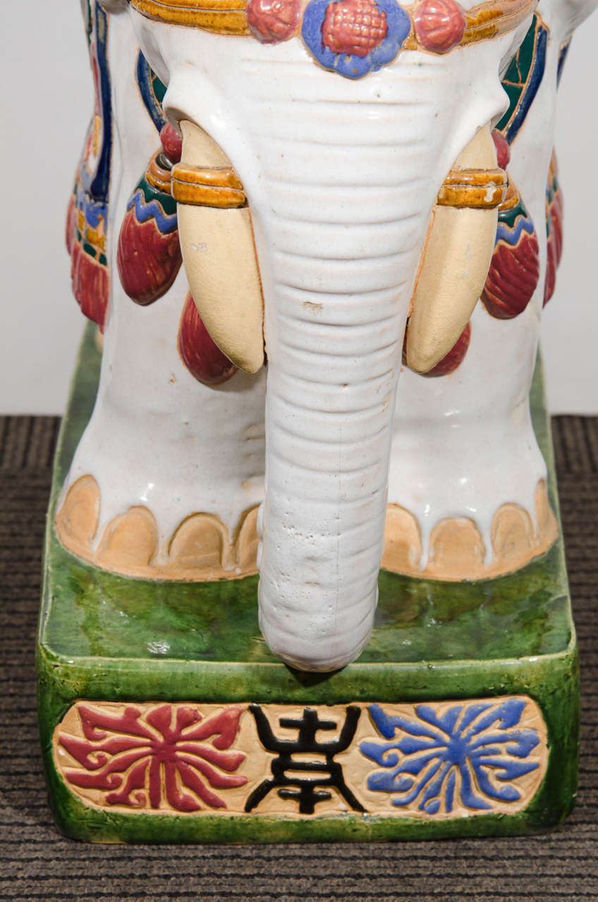 Midcentury Pair of Colorful Asian Inspired Ceramic Elephant Garden Stools In Good Condition In New York, NY