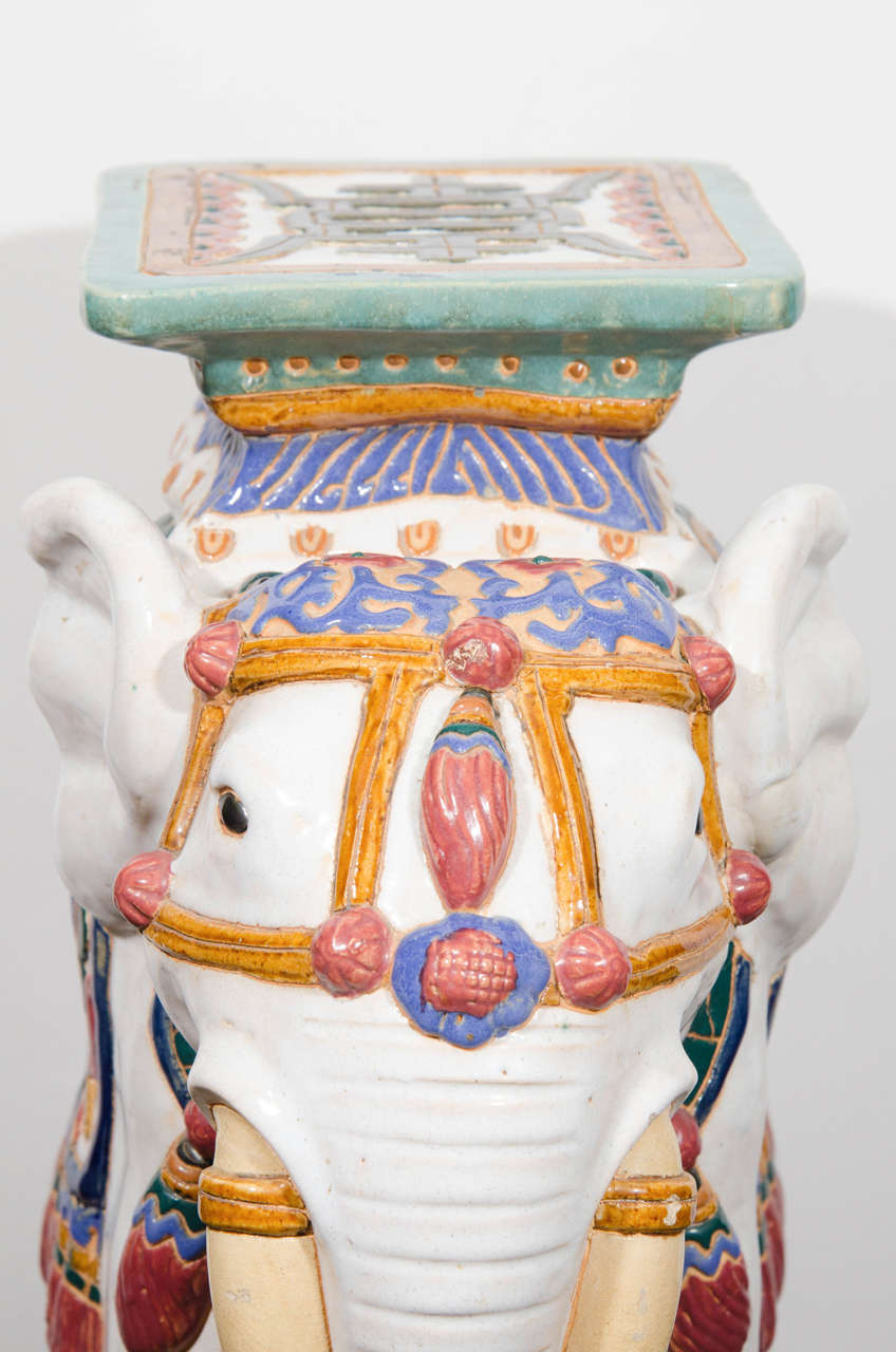 20th Century Midcentury Pair of Colorful Asian Inspired Ceramic Elephant Garden Stools