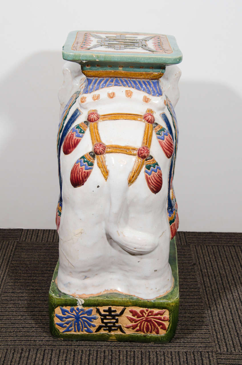Midcentury Pair of Colorful Asian Inspired Ceramic Elephant Garden Stools 3