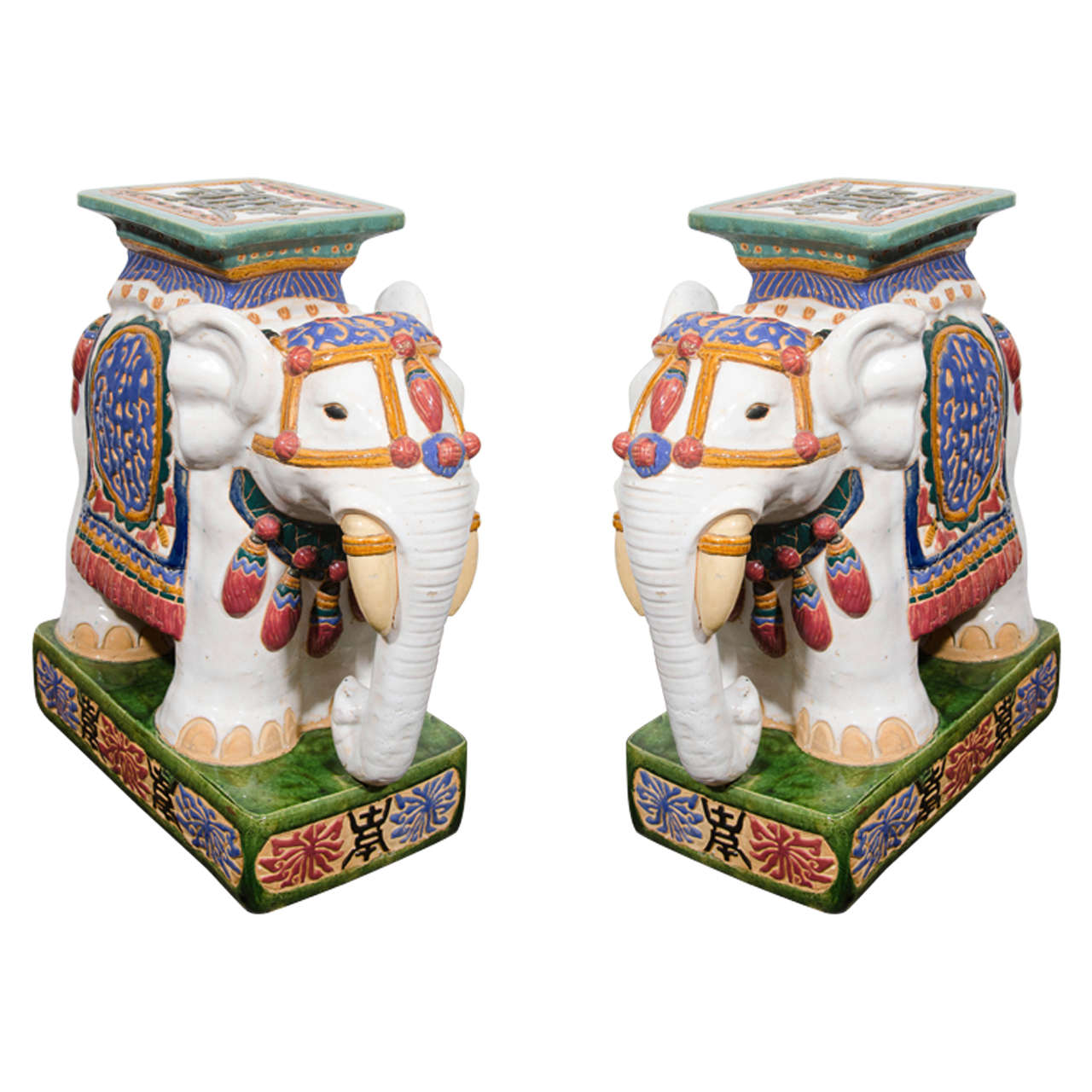 Midcentury Pair of Colorful Asian Inspired Ceramic Elephant Garden Stools