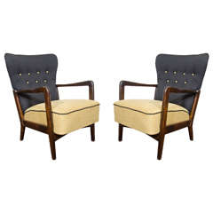 A Scandinavian Modern Pair of Fritz Hansen Two-Tone Black and Yellow Easy Chairs