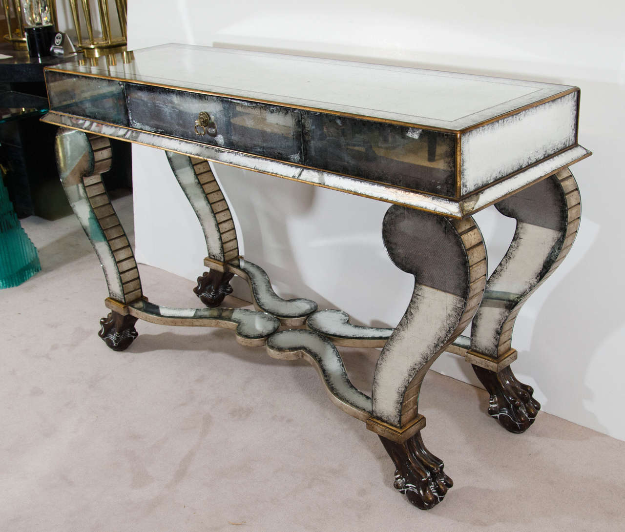 Antiqued Mirrored Console Table with Ball and Claw Feet at 1stDibs