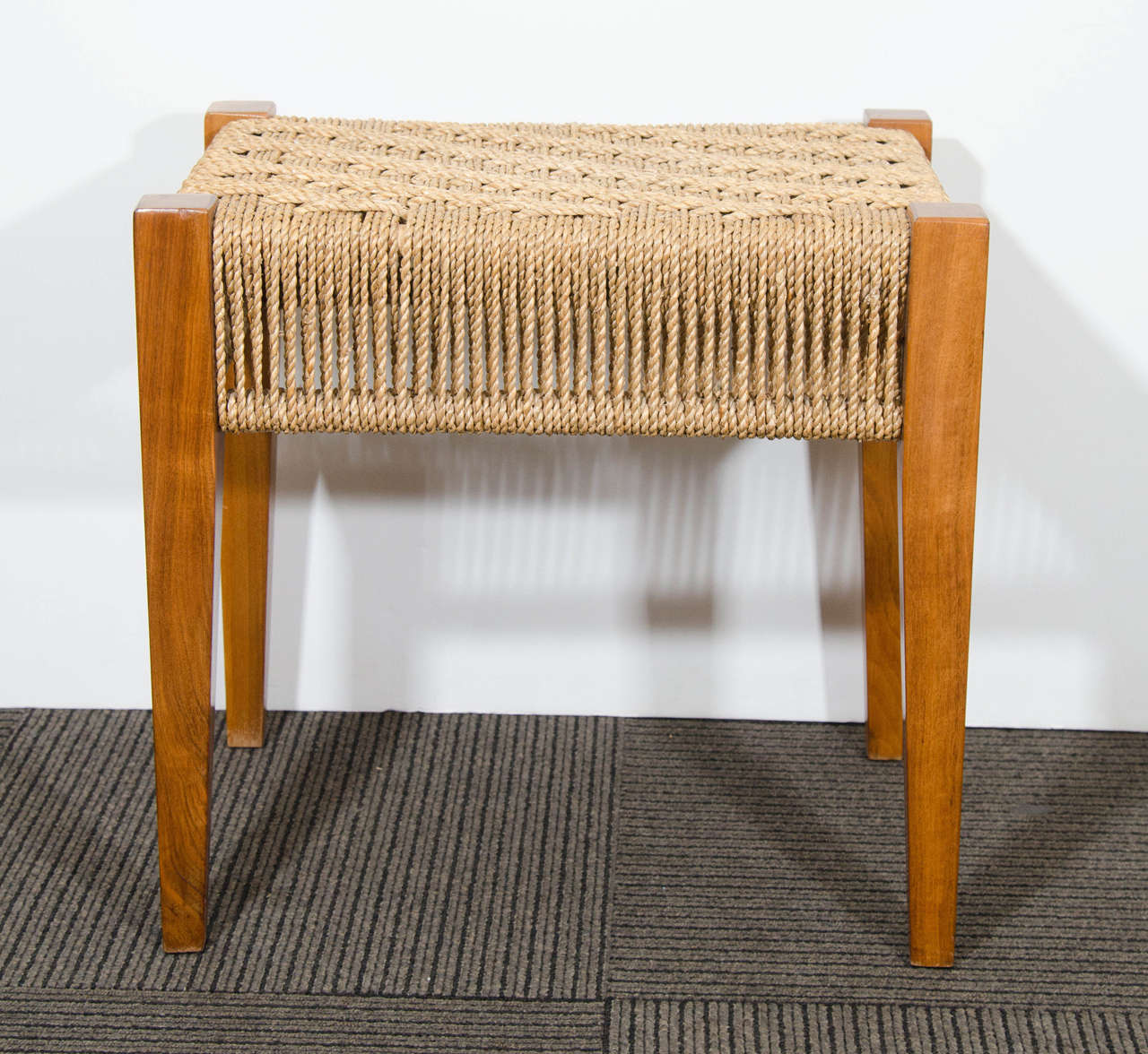 Midcentury Walnut Bench with Woven Rope Seat at 1stdibs