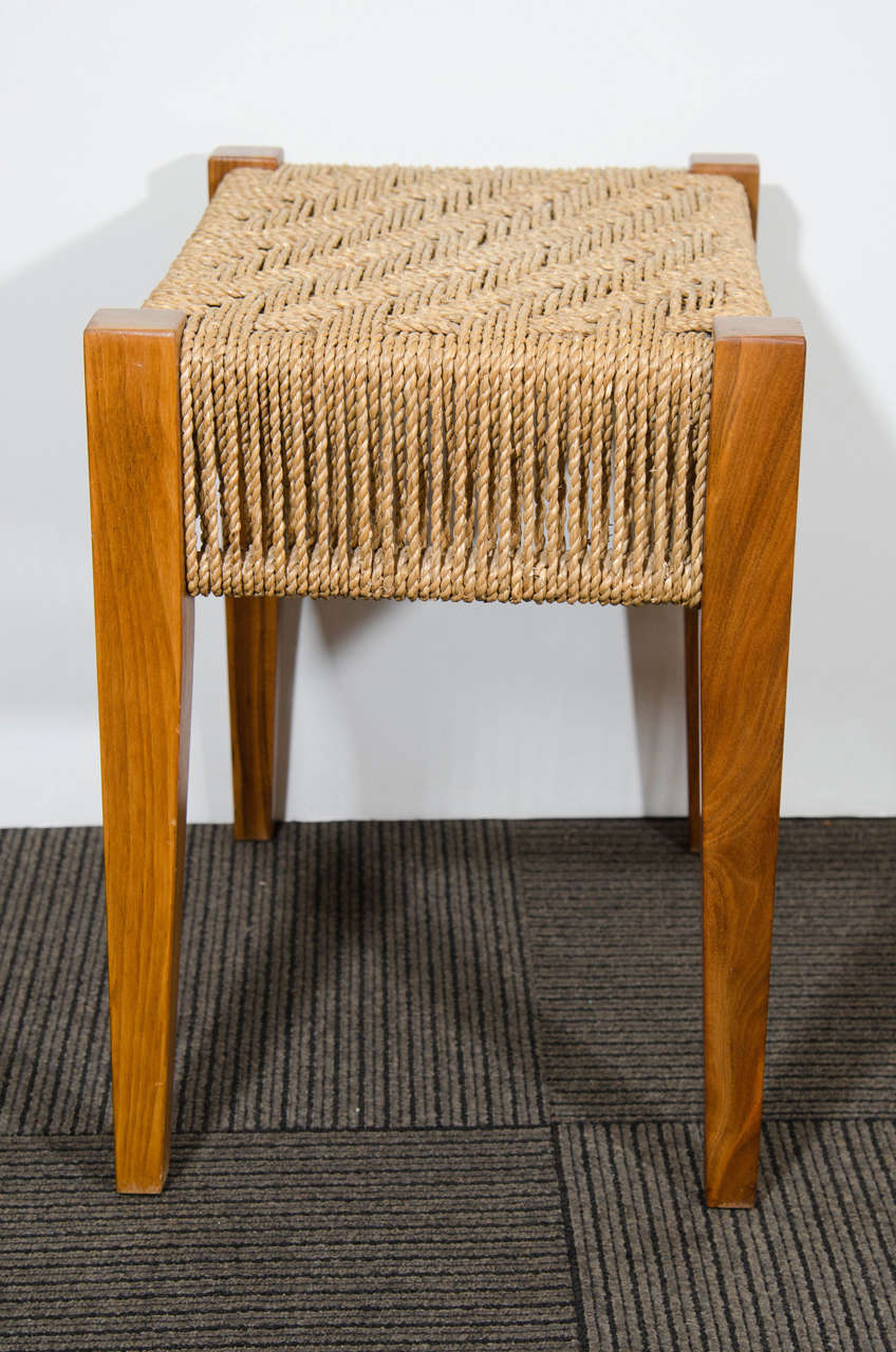Midcentury Walnut Bench with Woven Rope Seat at 1stdibs