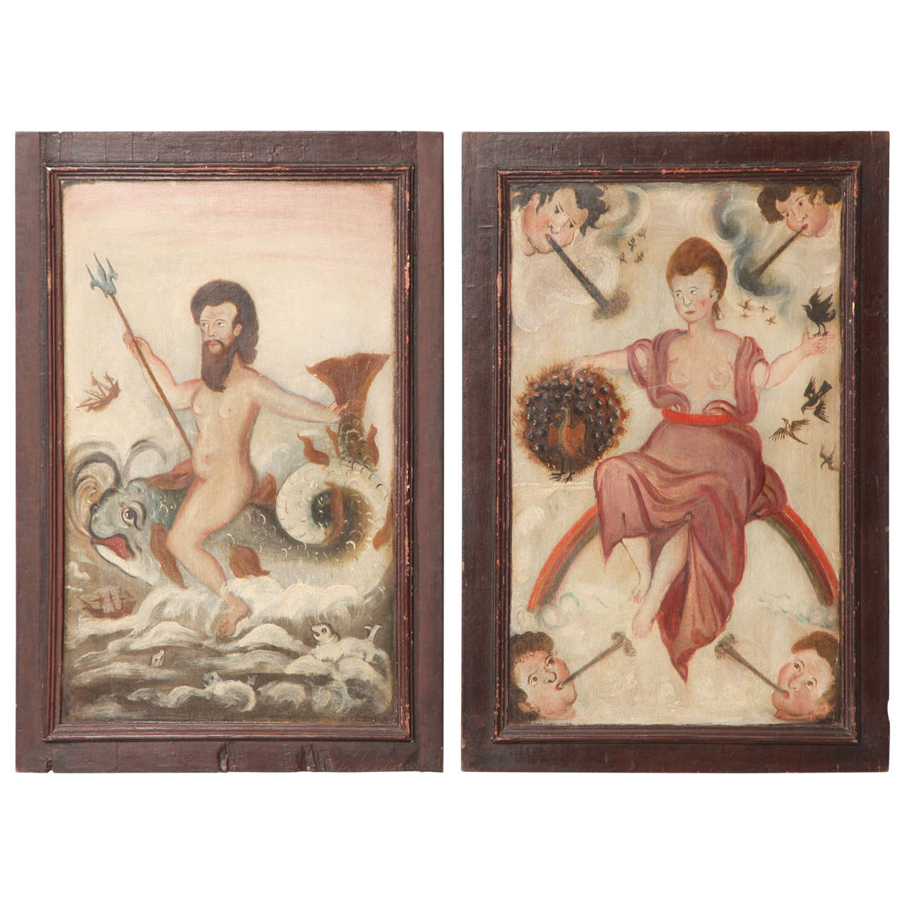 Pair of Folk Painted Panels of Poseidon and Hera