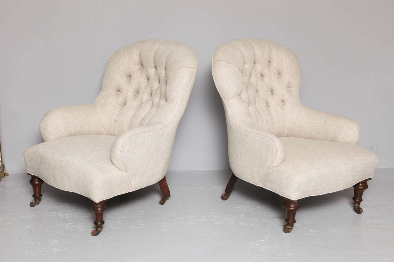 Linen Matched Pair of English Club Chairs