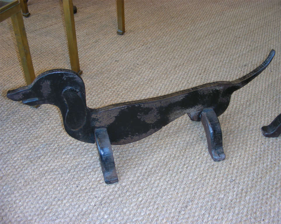 French Two 1950s Cast Iron Dachshund-Shaped Andirons For Sale