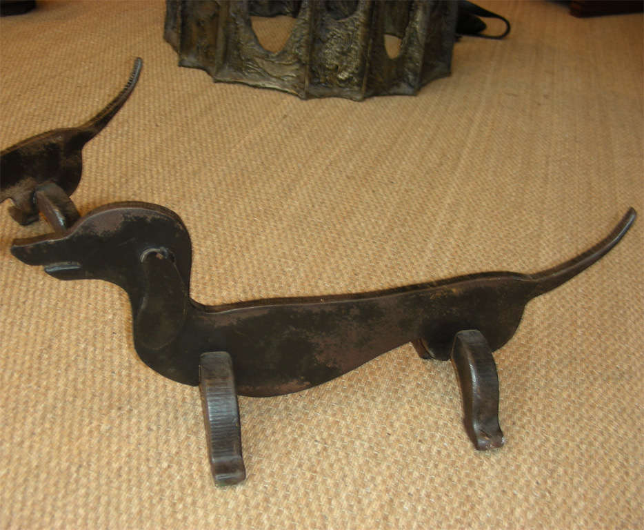 Two 1950s Cast Iron Dachshund-Shaped Andirons For Sale 1