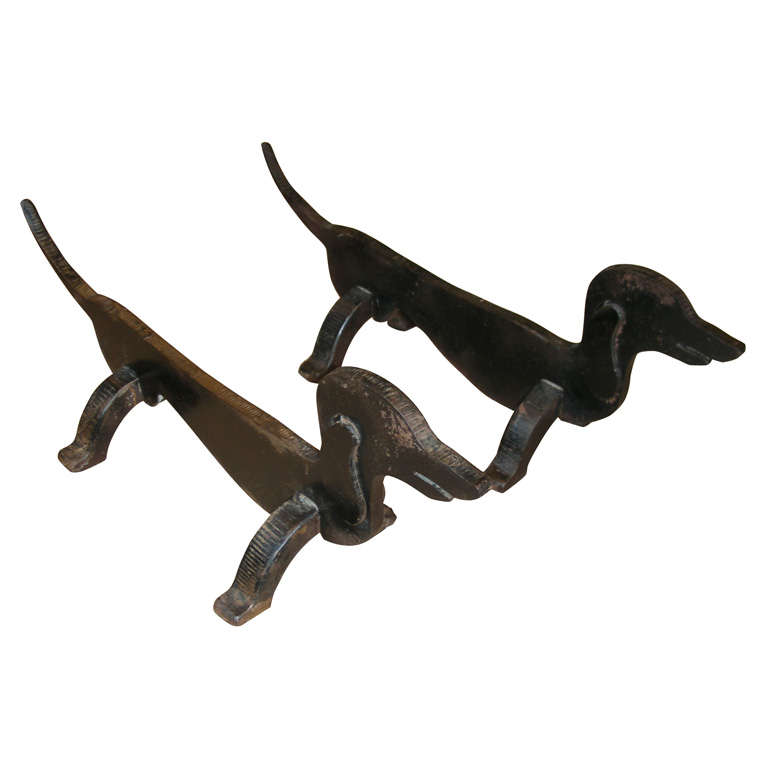 Two 1950s Cast Iron Dachshund-Shaped Andirons For Sale