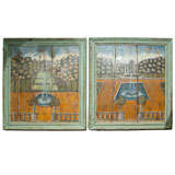 Pair of Rare Framed Wall Panels with Hand Painted Garden Scenes