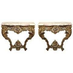 A Pair of French Louis XV Style Giltwood Wall Mounted Consoles