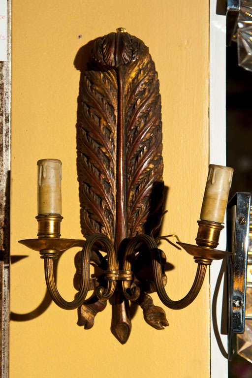 Hollywood Regency Pair of Jansen Carved Wood With Brass Sconces In Feather form Two Lights