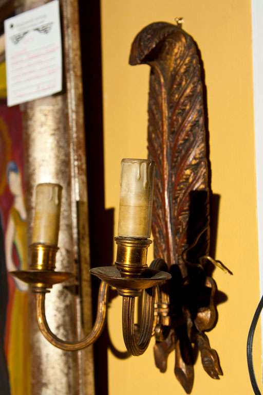 Mid-20th Century Pair of Jansen Carved Wood With Brass Sconces In Feather form Two Lights