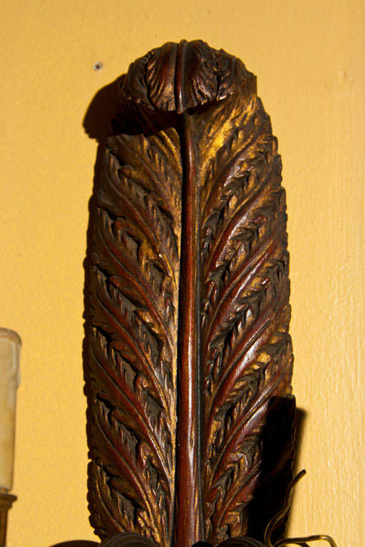 Pair of Jansen Carved Wood With Brass Sconces In Feather form Two Lights 1