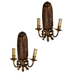 Pair of Jansen Carved Wood With Brass Sconces In Feather form Two Lights