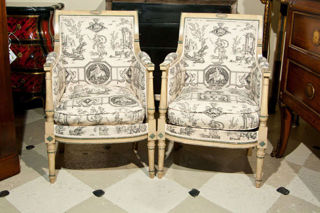 Pair of newly upholstered French Directoire style chairs, circa 1930s, polychromed frame in original paint by Maison Jansen.