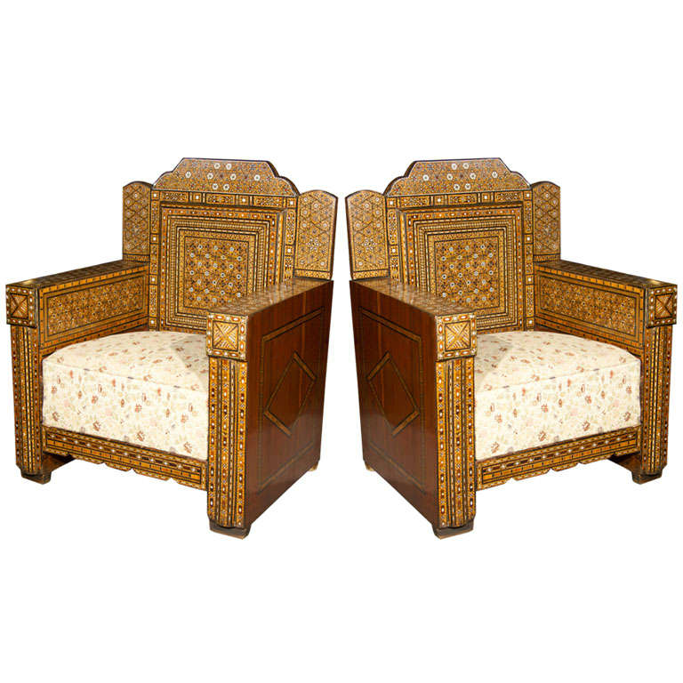 Pair of  Inlaid Antique Syrian Club  Chairs
