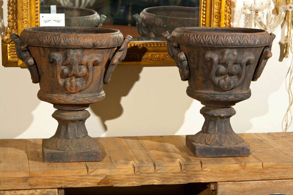 Pair of attractive French cast iron garden jardinieres, late 19th-early 20th century, each with fleur-de-lis decoration on squared base.