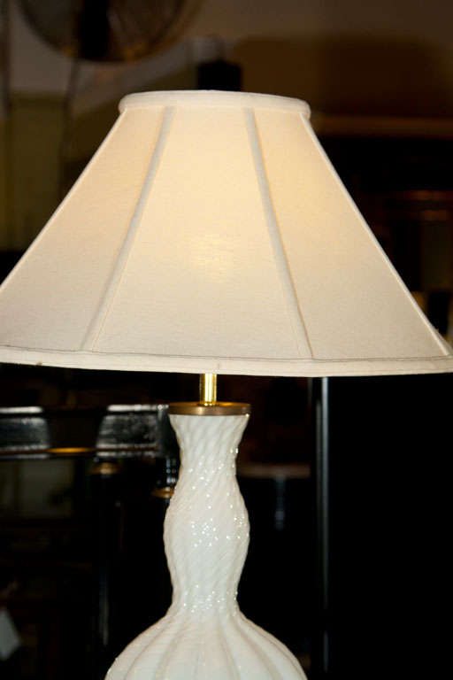 Brass Pair of White Murano Glass Lamps Made In Italy