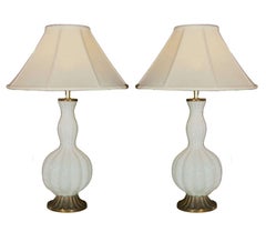 Pair of White Murano Glass Lamps Made In Italy