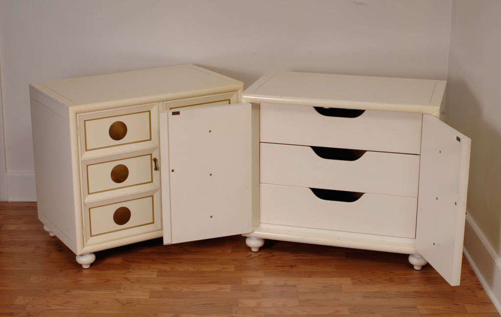 Mid-Century Modern Pair of 1950s Ivory Painted Chests with Brass Appointments