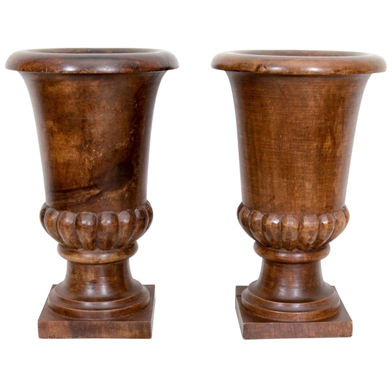 Pair of Antique French Wooden Urns, circa Early 1900s