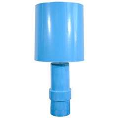 Blue Glazed Stepped Cylindrical Table Lamp and Matching Shade