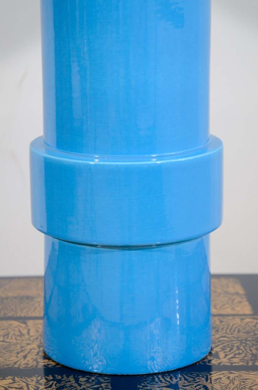 American Blue Glazed Stepped Cylindrical Table Lamp and Matching Shade